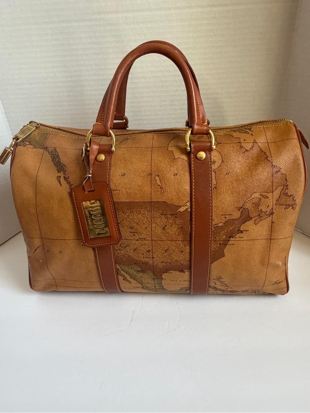 Alviero Martini Brown Map-Print Leather Duffel